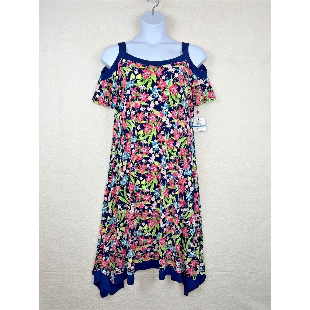 Rafaella Dress Blue Pink Green Lily Floral Cold Shoulder Handkerchief Hem Sz XL